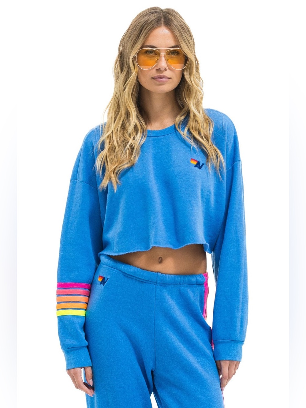 Aviator Nation Rugby Stitch Cropped Crew Sweatshirt – Cobalt // Neon